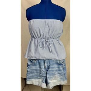 Vintage Blue Gingham Strapless Peplum Top Timing L Cottagecore Summer Blouse Y2K